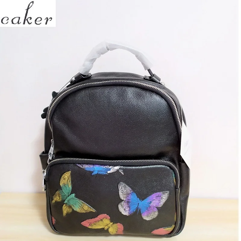 

Caker Brand 2019 Women Black Genuine Leather Backpack Fashion Printing Butterfly Travel Backpack High Quality Bags Dropshipping