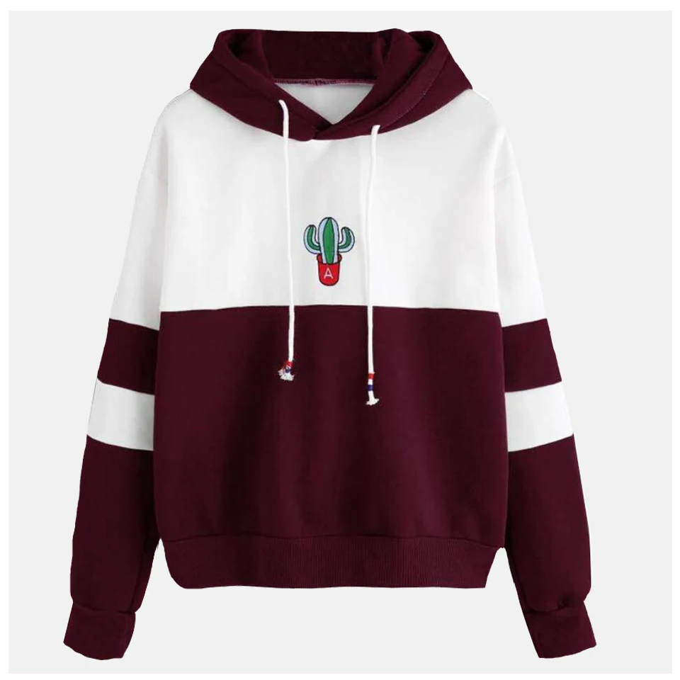 Cactus Hoodie Red Pullover Sweatshirt Printing Poleron Mujer 2019 Light Up Color Block Stitching Long Sleeve Women | Женская одежда