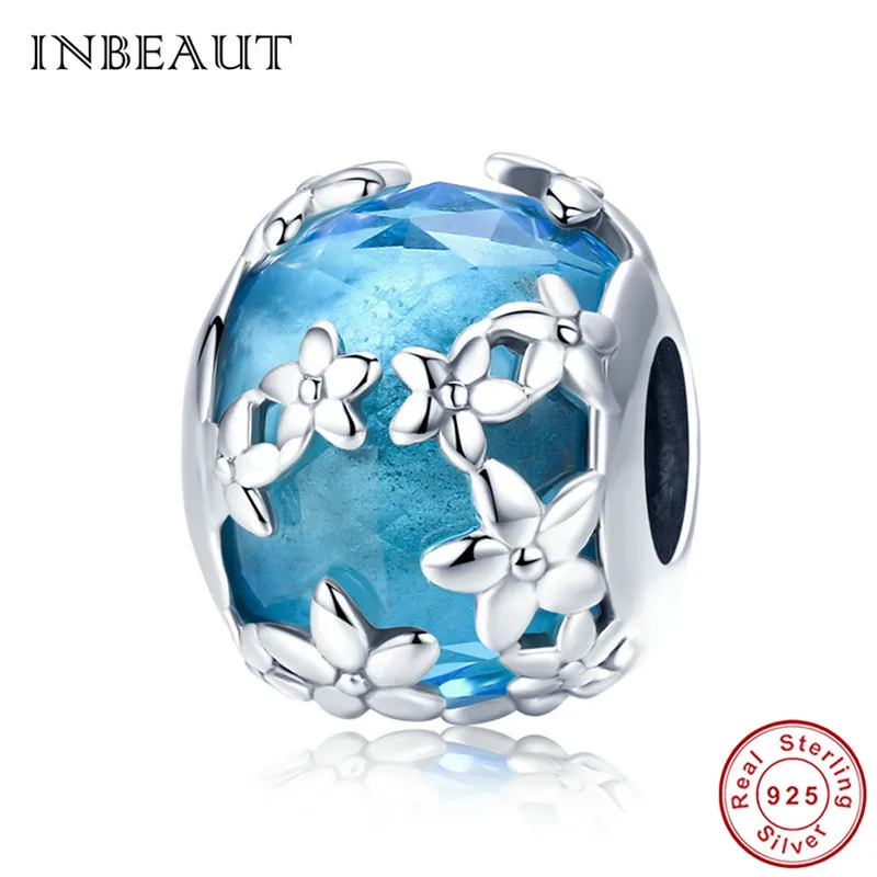 

INBEAUT Trendy New Arrival 925 Sterling Silver Blue Crystal Beads,Elegant Flower Zircon Carved, S925 Daisy fit Pandora Bracelet