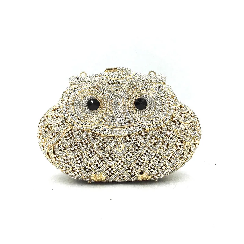 Animal bird design clutch women evening party bag diamonds owl shape crystal purses bridal wedding party crystal clutches - Цвет: Color 12 gold silver