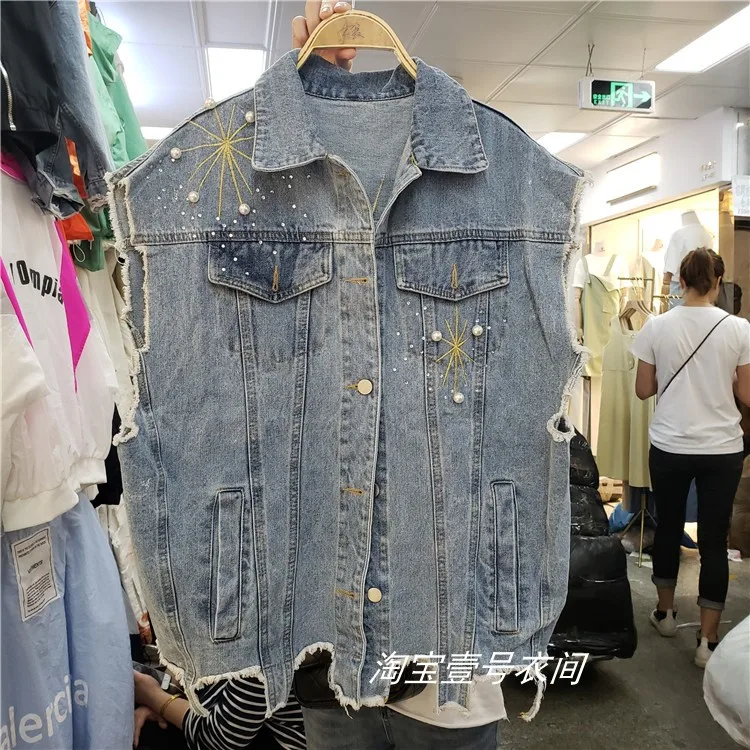 

Nailed Bead Vest 2019 Spring Summer Womens New Korean Loose Bf Water Washes Retro Cowboy Sleeveless Jacket Denim Vests Student