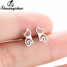 Shuangshuo модные ювелирные изделия в стиле минимализма охватывающая деталь из нержавеющей стали серебристого цвета Цвет кота милые серьги-гвоздики мини серьги-шпильки для девочек