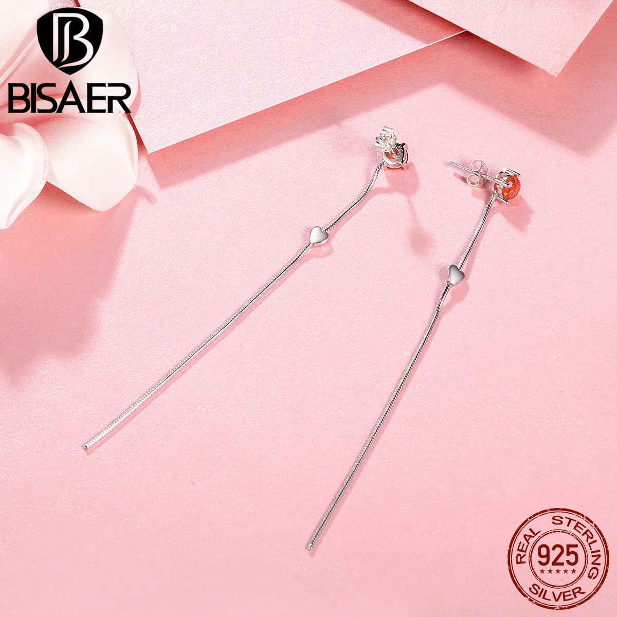 

100% 925 Sterling Silver Simple Love Heart, Red CZ Long Drop Earrings Women Girl Earrings Valentine's Day Gift Jewelry Brincos