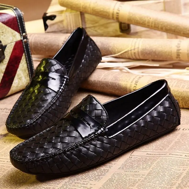 Suqare Head Woven Leather Loafers Mens Slip On Leather Dress Shoes High