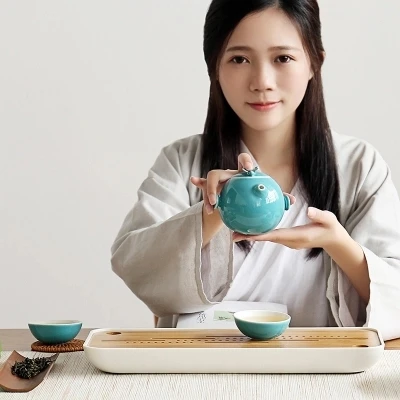  Japanese-style Color Glaze Ceramic Kung Fu Tea Set Fast Passenger Cup [1 pot +2 cups] Travel Portab