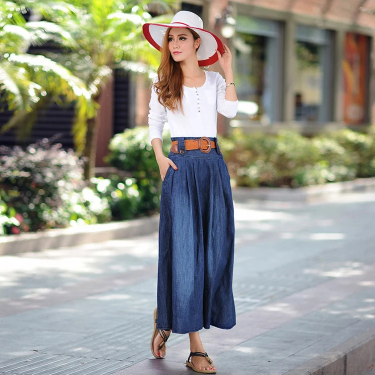 

Autumn Jeans Denim Skirt Woman Plus Size Single Buttons Casual Midi Skirts High Waist Stretch Slim Jean Pleated Long Skirt