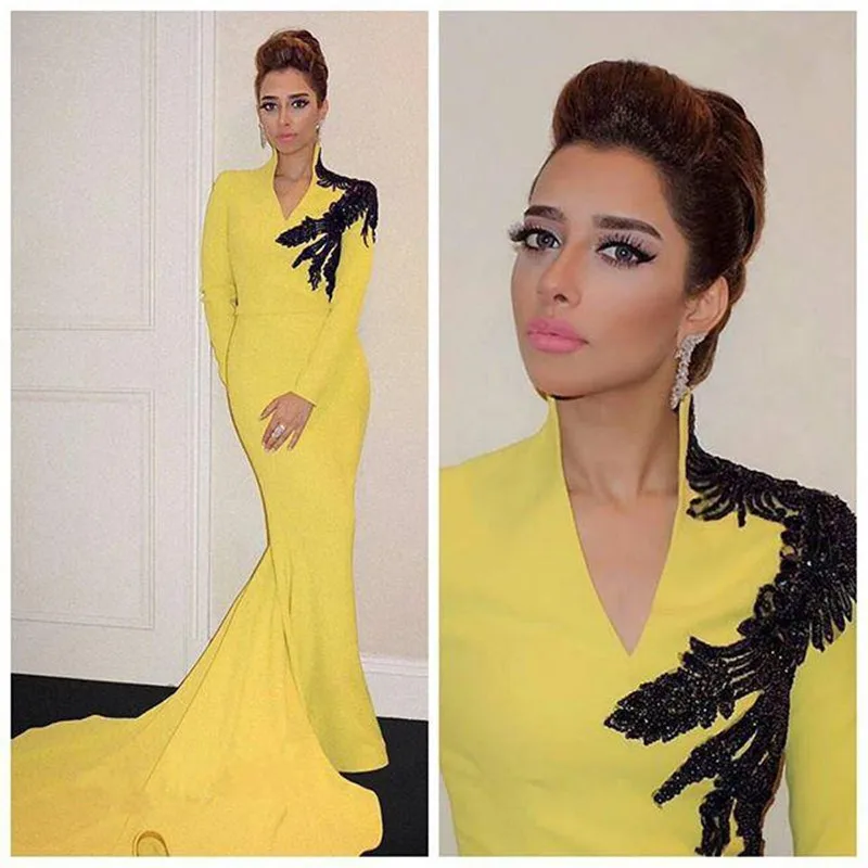 

Saudi Arabic Yellow Long sleeves Evening Dresses Mermaid Beaded Vestido de festa longo Dubai Dresses formal party dresses