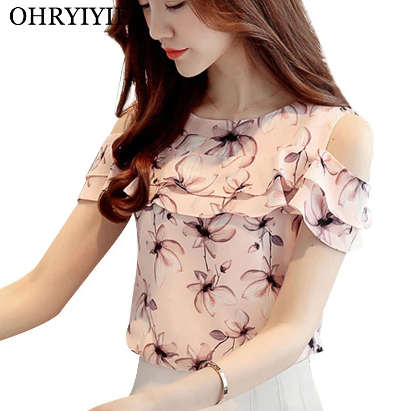 

OHRYIYIE Floral Printed Women Chiffon Blouse Shirt 2019 Spring Summer Off Shoulder Kawaii Short Sleeve Tops Blusas Femininas
