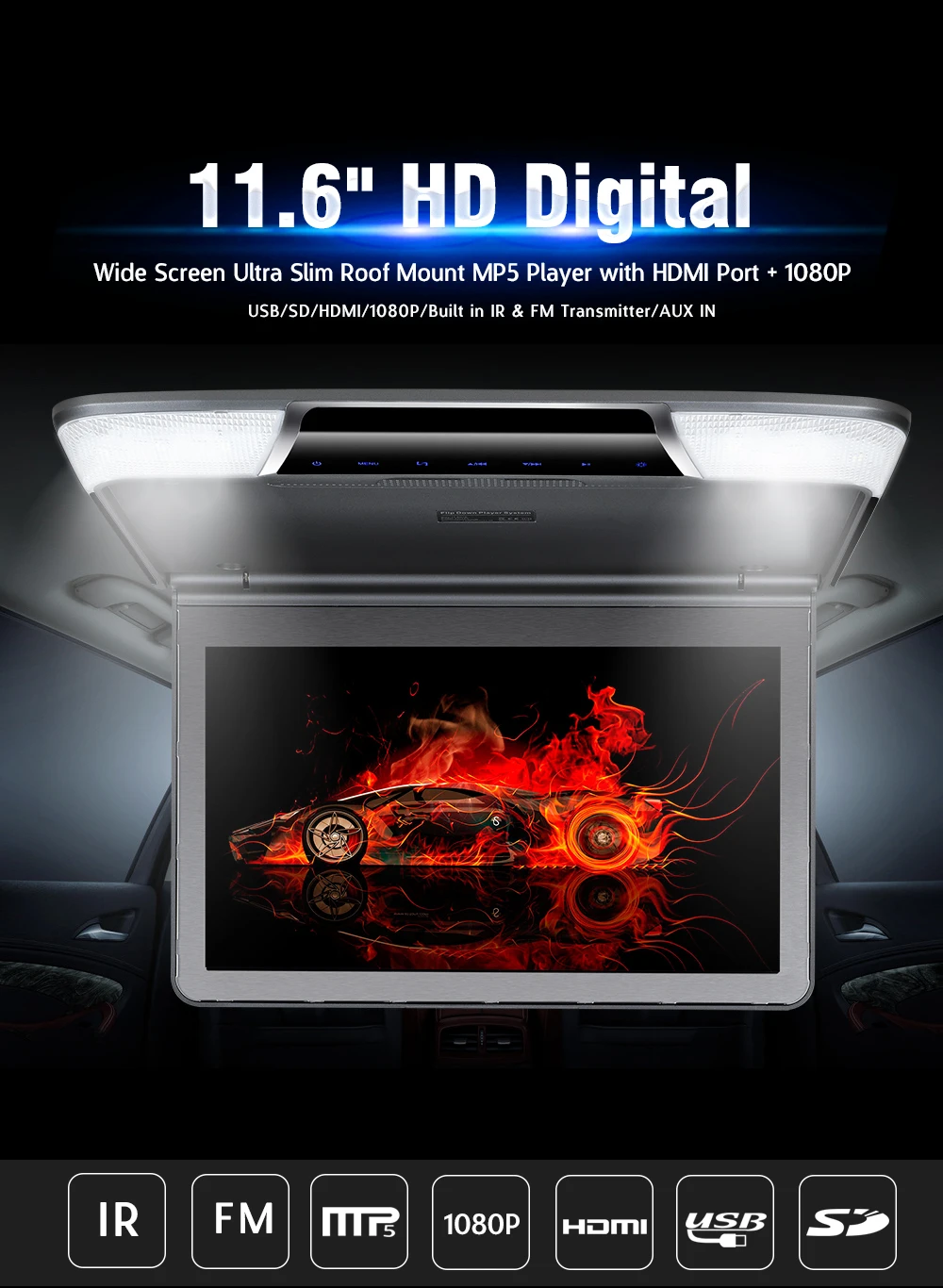11,6 дюймовый потолочный телевизионный 1920x1080 Full HD Автомобильный крыша экран откидной DVD плеер с HDMI/USB/SD/IR/FM передатчик MP5 дисплей