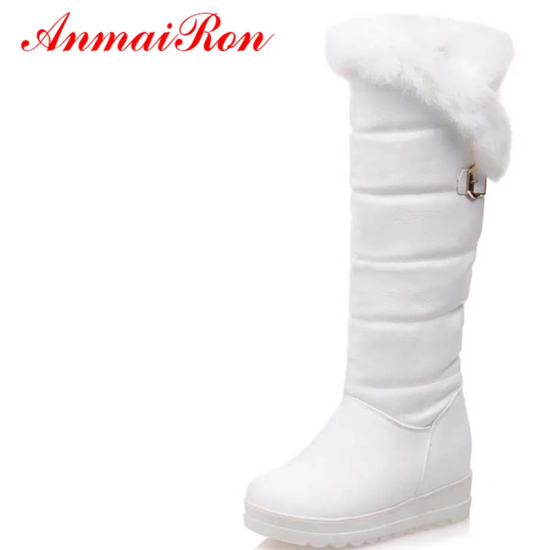 

ANMAIRON Rabbit Round Toe Winter Boots For Women Big Size 34-42 Round Toe Feathers Knee-High Boots Black Red White PU Warm Snow