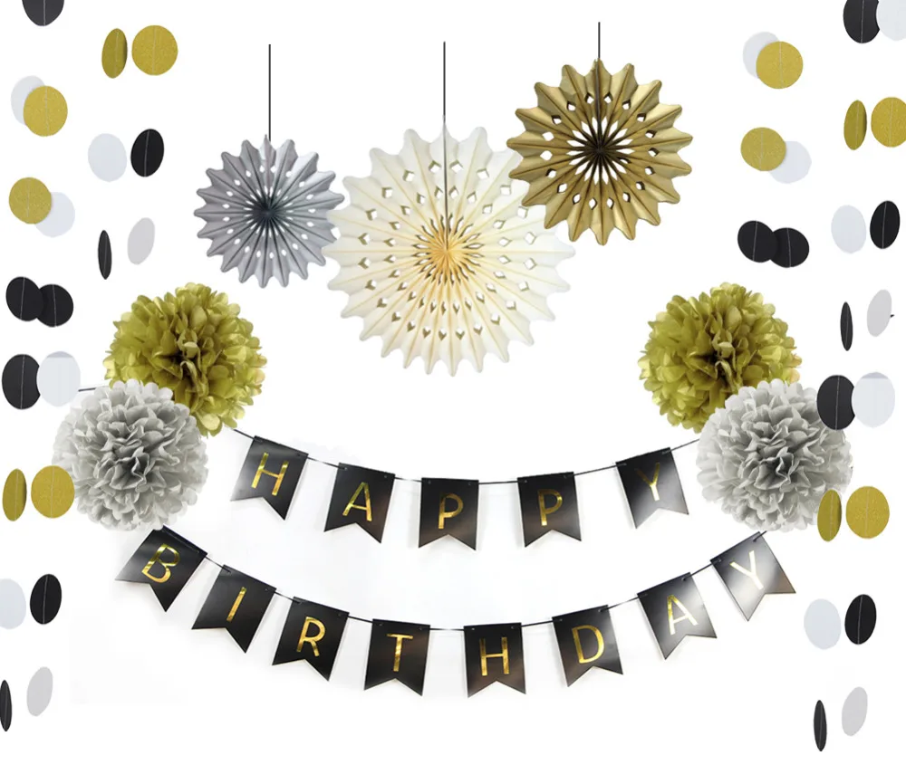 10pc Glitter Gold and Black Paper Decoration Set(H...