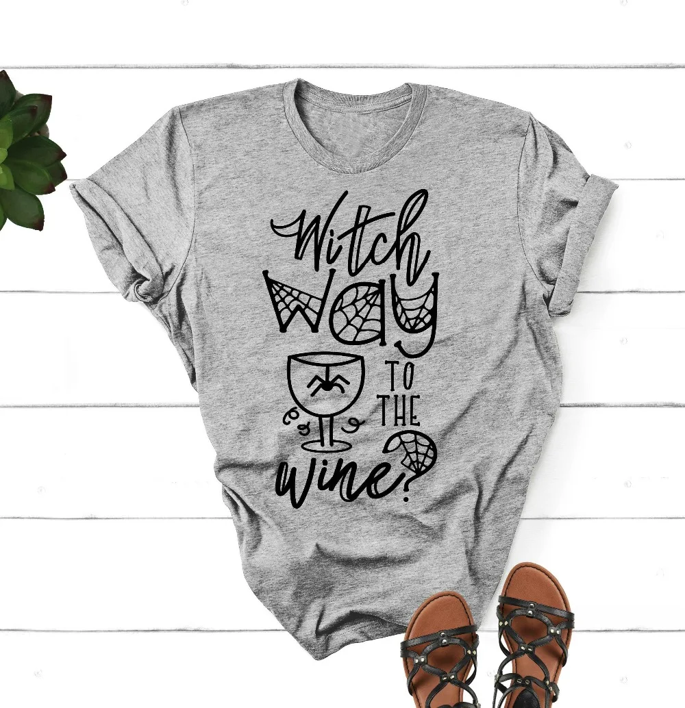 

Witch Way To The Wine Halloween T-Shirt funny graphic cup spider harajuku grunge aesthetic cotton casual shirt party style tees