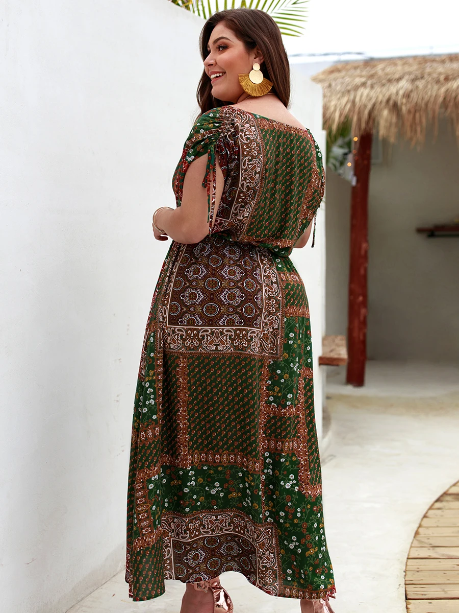 Для женщин призвание летнее платье Повседневное плюс Размеры BOHO короткий рукав с глубоким v-образным вырезом платья пикантные женские ботинки на шнуровке до Разделение длинное платье, платье