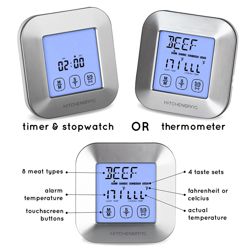 Сенсорный экран 2 в 1 Мгновенное чтение цифровой термометр и таймер цифровой электронный гриль Термо метр с 2 нержавеющая сталь
