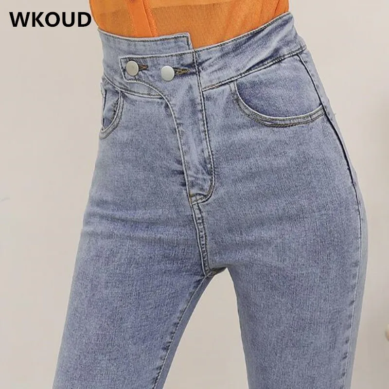 WKOUD/джинсы с высокой талией, женские весенние модные однотонные синие джинсы, поцарапанные джинсовые узкие брюки, повседневные обтягивающие джинсы P8843 - Цвет: Синий