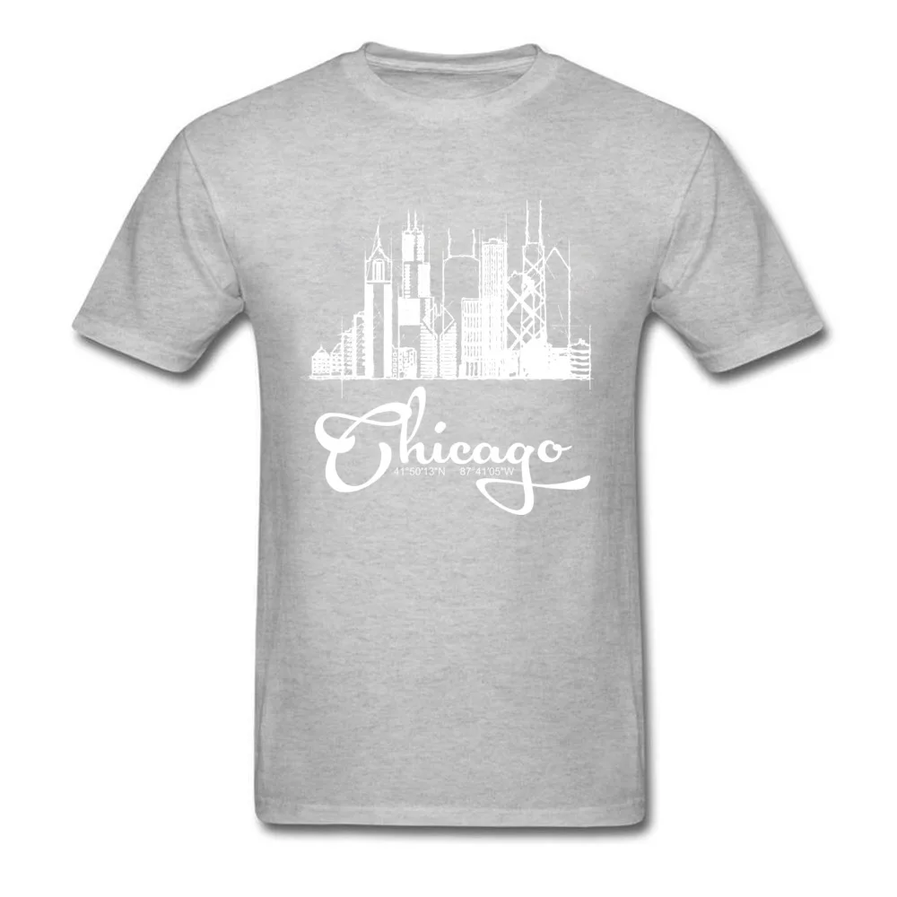 Design Pure Cotton Male Short Sleeve Tops Shirt Summer Summer/Autumn Top T-shirts Printed On Tee-Shirt Family Crewneck Chicago skyline sketch and GPS coordinates tee grey