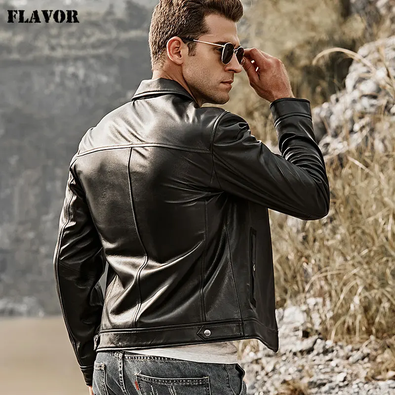 Kожаная куртка мужская с отложным воротником FLAVOR, кожаная мотоциклетная куртка из шкуры ягненка, жакет из натуральной кожи черного цвета
