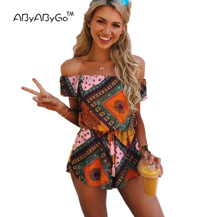 ABYABYGO Slash Neck Bohemian Playsuit Beach Catsuit Elastic Waist Jumpsuit Off Shoulder Overalls 2018 Sexy Summer Women Bodysuit | Женская