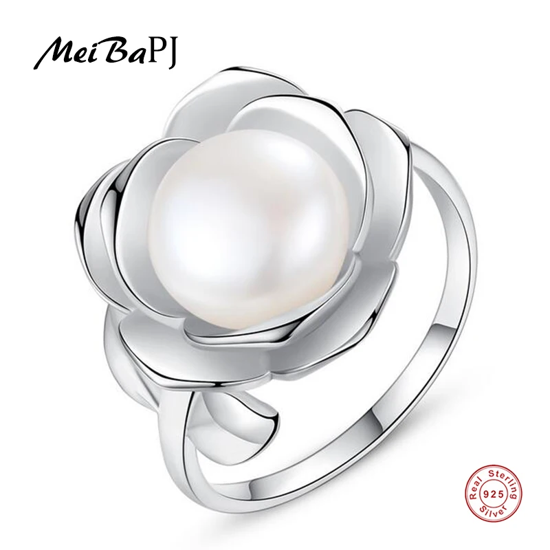 

[MeiBaPJ]Real Freshwater Pearl Ring for Women 925 Sterling Silver Adjustable Flower Ring Fine Party Jewelry