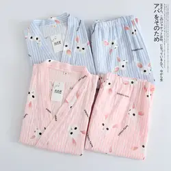 100% хлопок марлевые женские пижамы с длинным рукавом v-образный вырез Pijama Mujer Весна и Лето Досуг свободное кимоно сексуальные пижамы