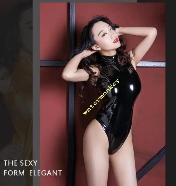 

Sexy PVC Faux Leather Bodysuit Women One Piece Swimsuit Jumpsuits Zipper Shiny Metallic Turtleneck Sleeveless Body Thong Leotard