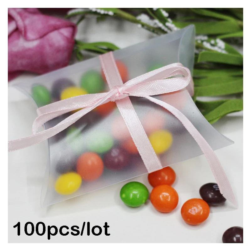 

100 PCS/lot Clear Frosted Plastic Pillow Candy Box baby girl Transparent small sweet boxes bags jar boy packaging wedding gift