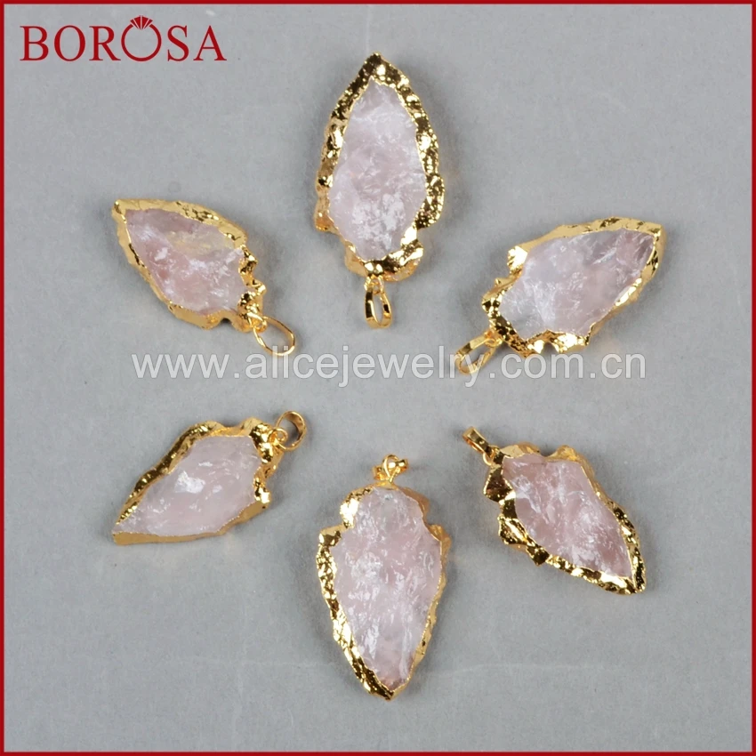 BOROSA Natural Pink Quartz Pendant Bead Gold Color Arrowhead Raw g0696