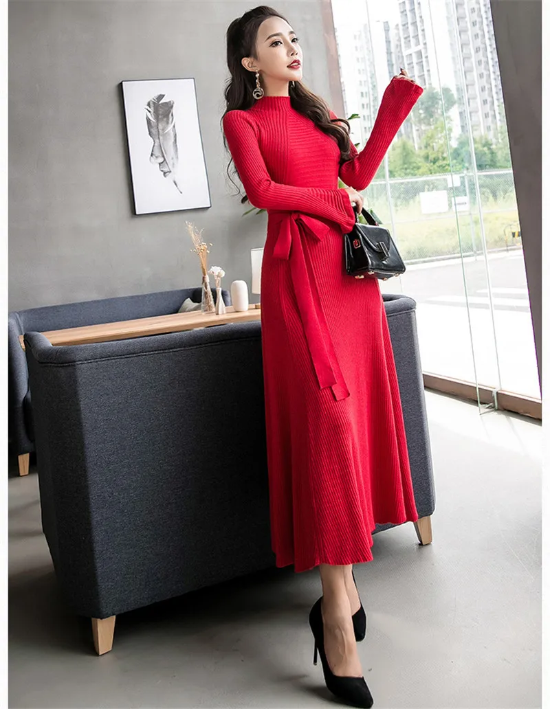 Корейское модное трикотажное осенне-зимнее платье, новое женское приталенное повседневное офисное платье миди с расклешенными рукавами и круглым вырезом, Vestidos