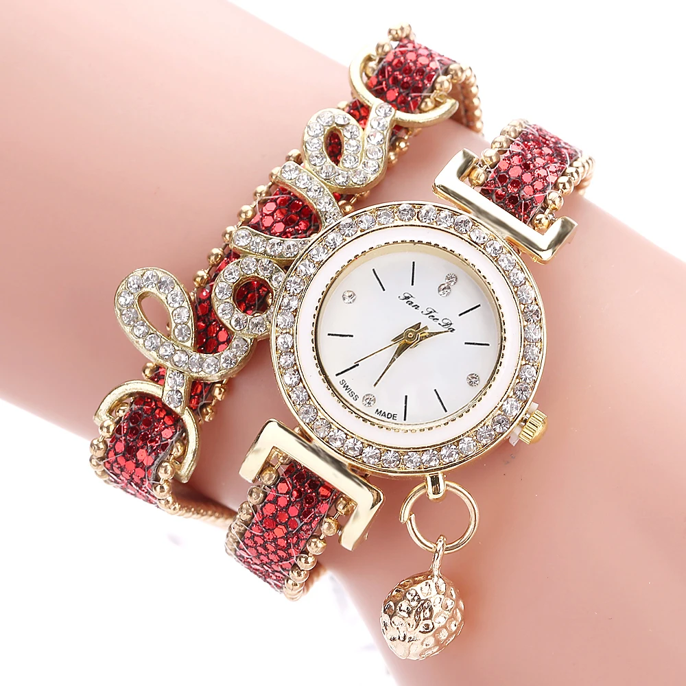 FanTeeDa Top Brand Women Bracelet Watches Ladies Love Leather Strap Rhinestone Quartz Wrist Watch Luxury Fashion Quartz Watch