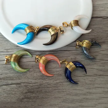 

10pcs Natural shell Gold color Wire Wrapped Tribal Ox Horn bule Charm Pendant Crescent shell Bead DIY necklace making PD685