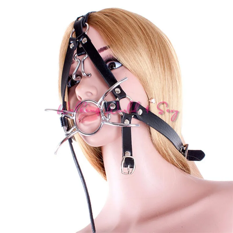 Spider X Style Open Mouth Gag Metal Oral Fixation Sex Ring Leather Head Harness Fetish Slave Mask Adult Game Sex Toys For Couple (2)