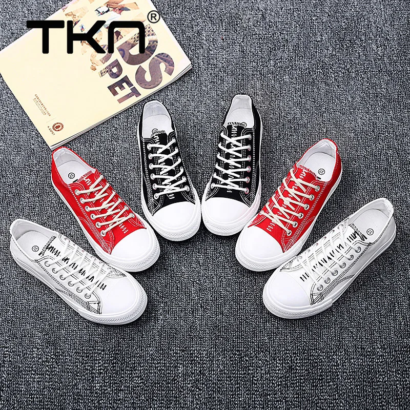 

TKN Casual Canvas Shoes Women Flat Vulcanized Sneakers Ladies Lace-up Breathable Walking Canvas Shoes Woman Solid Color 608