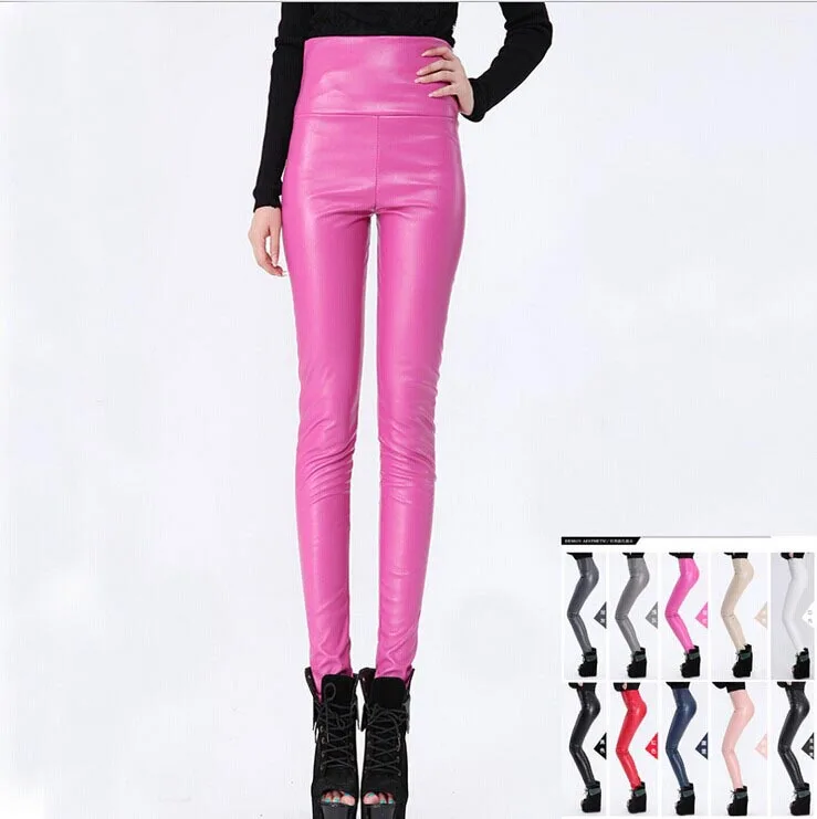 

10 COLOR! 2016 New Faux Leather Leggings for Women Sexy High Waisted Woman Pants Casual Skinny Panty Trousers Black,Red,White.