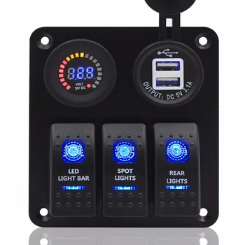 

3 Gang Waterproof Rocker Switch Panel+DC 12V Digital Voltmeter / 3.1A Dual USB+3 LED Lights Switch for Marine Boat Car RV