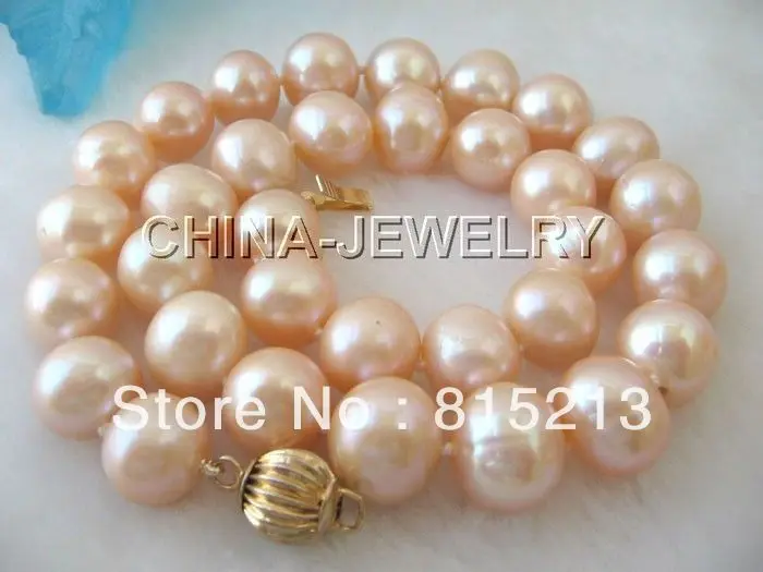 

ddh001582 Lustrous AAA 17" 13mm natural pink round FW pearl necklace-14k gold clasp