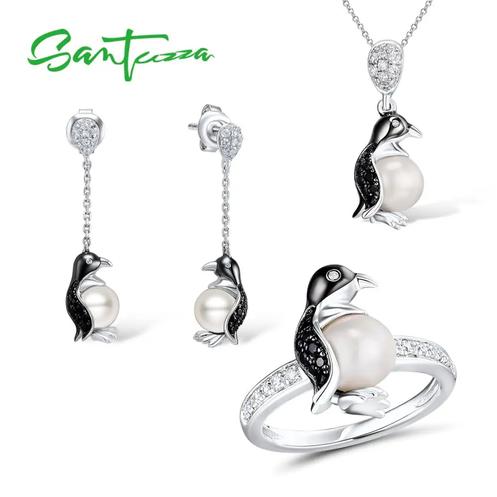SANTUZZA серебряный комплект ювелирных изделий с пингвином, пресноводный белый жемчуг, кольцо, серьги, кулон, набор 925 пробы серебряных модных ювелирных изделий