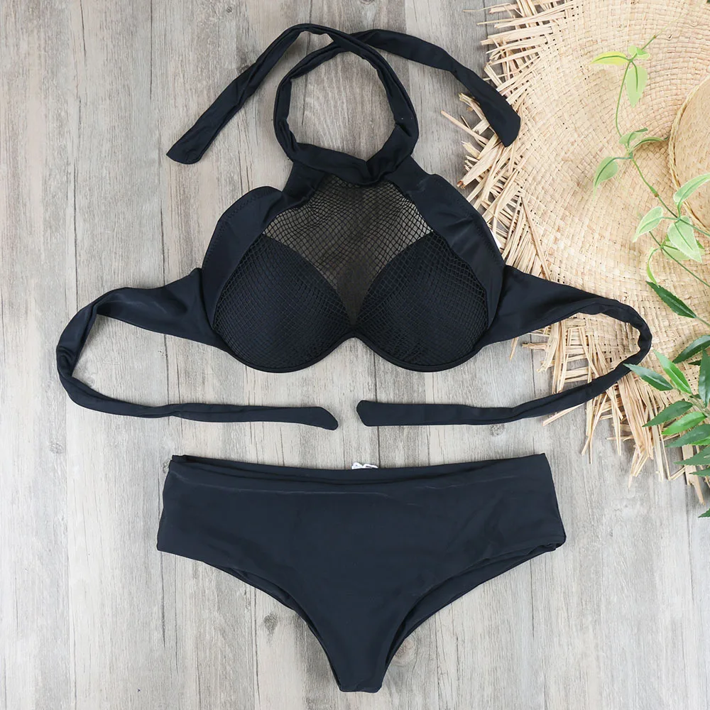 

2018 Plus Size Underwire Bikini Set Swimwear Black Lace Push Up Swimsuit Women Beach Pads Support Bathing Suit Maillot De Bain