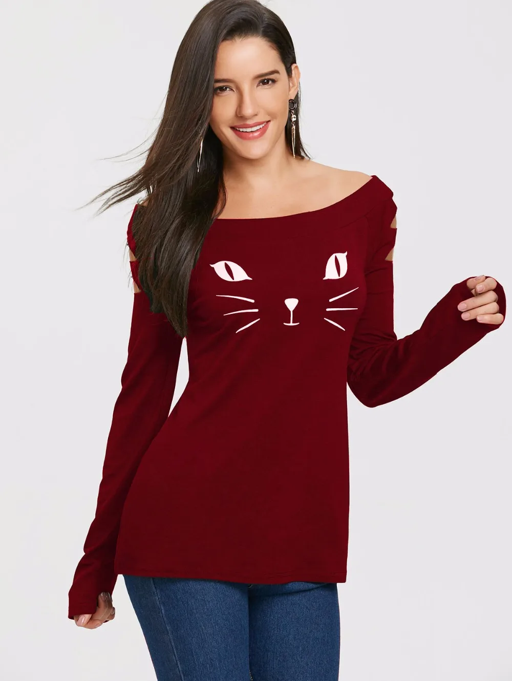 VESTLINDA Women T Shirts Casual Autumn Cat Clothes Womens Tops Cat Face Print Long Sleeve Ripped T-Shirt Women's Clothing Tshirt 15