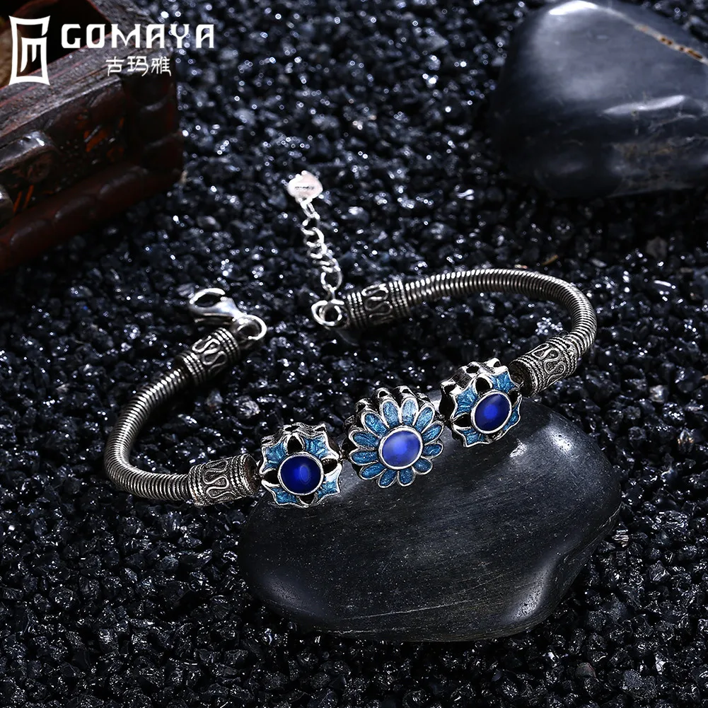 

GOMAYA Women Bohemian Retro Vintage Zircon 925 Sterling Silver Bracelets Charm Boho Bangles Fine Jewelry Pulseira Blue Crystals