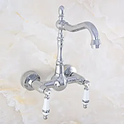 Polished Chrome Brass Wall Mount Kitchen Sink Faucet Swivel Spout Mixer Tap Dual Ceramics Handles Levers anf565