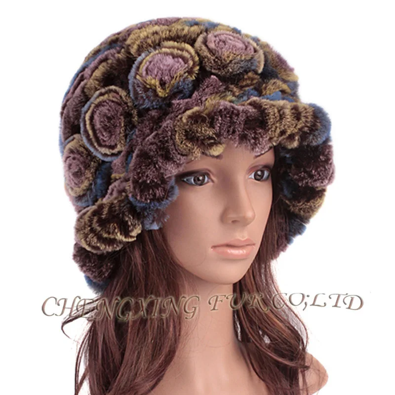 

FREE SHIPPING CX-C-195A Winter Women's Handmade Lady Warm Caps Female Genuine Rex Rabbit Fur Ladies Knitted Hat