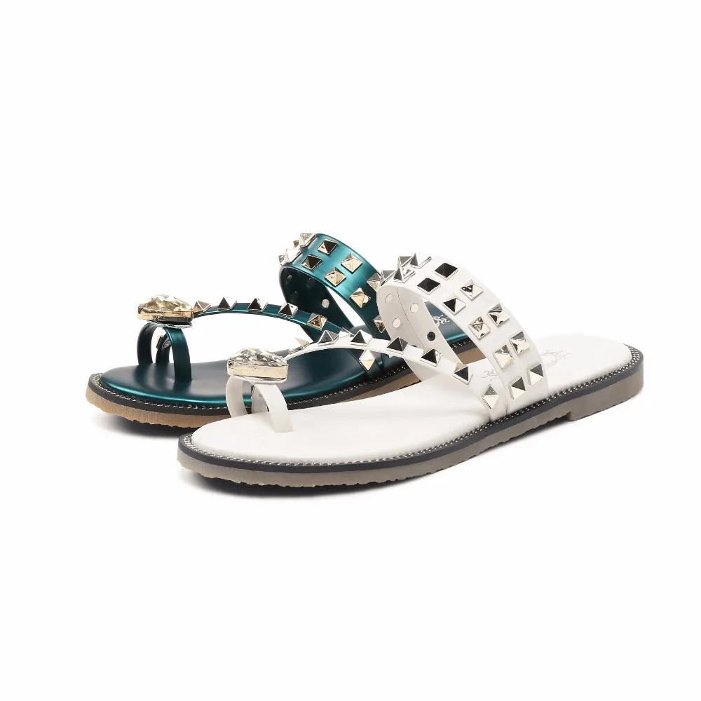 2018 Strass D'été Véritable Rivet Cuir Arden En green Femme Cristal Diapositives Mode Chaussures De Pantoufles Occasionnels Furtado Appartements Blanc Dames Beige 65AwBq