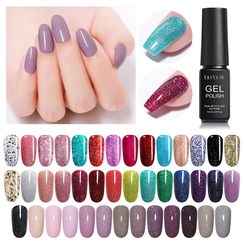 

LILYCUTE 7ml Nail Glitter UV Gel Polish Shiny Grey Purple Colors Soak Off Long Lasting UV Gel Nail Art Paint Gel Varnish