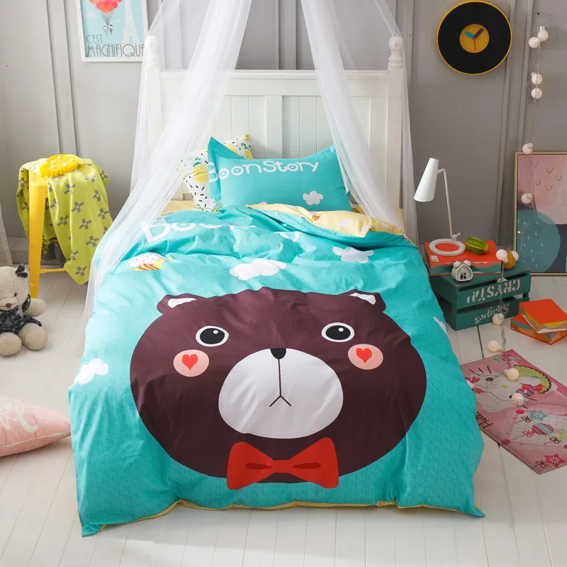 

Cartoon style 3pcs Twin Size bedding set cotton fabric Baby bear and bee print duvet cover flat sheet pillowcase