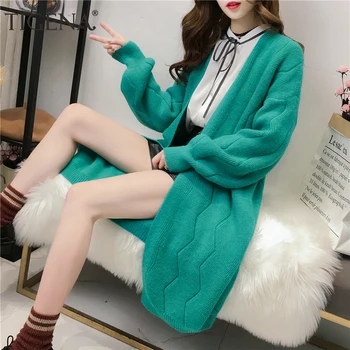 

TIGENA Casual Loose Long Cardigan For Women 2019 Autumn Winter Long Sleeve Sweater Cardigan Female Green Knitted Jacket Women