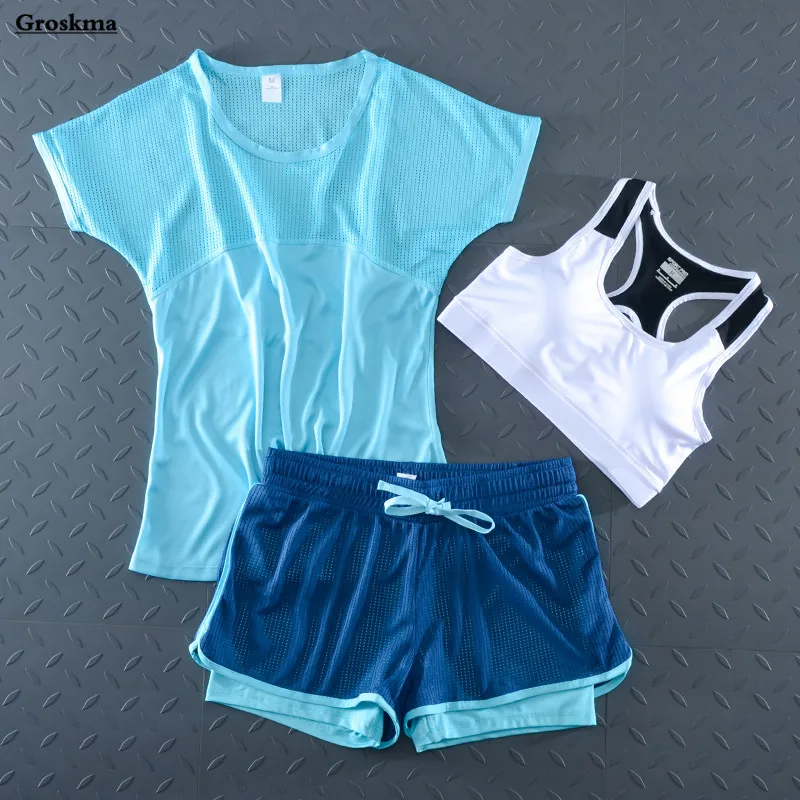 

Quick dry mesh t shirt+bra+shorts women yoga 3 piece set summer workout sportswear running clothing fitness gym suit sets
