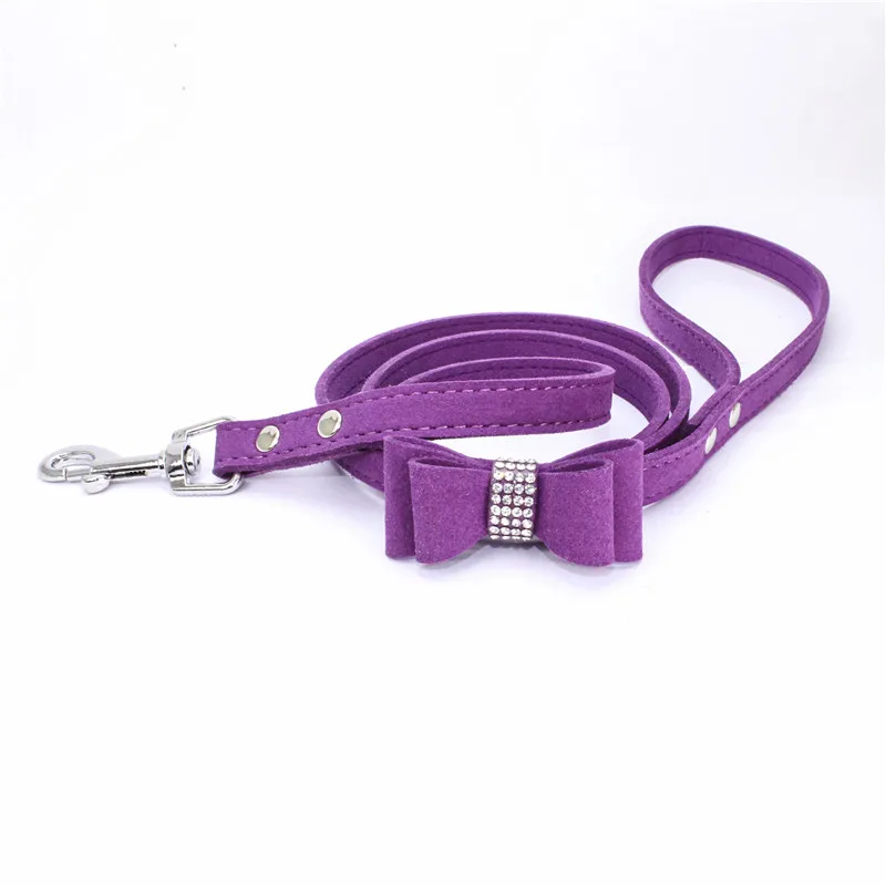 Adjustable Puppy Pet Dog Collar Leash Soft Shining Diamond Bowknot Dog Rope Small Medium Dogs Collars Walking Leashes - Цвет: Dark purple