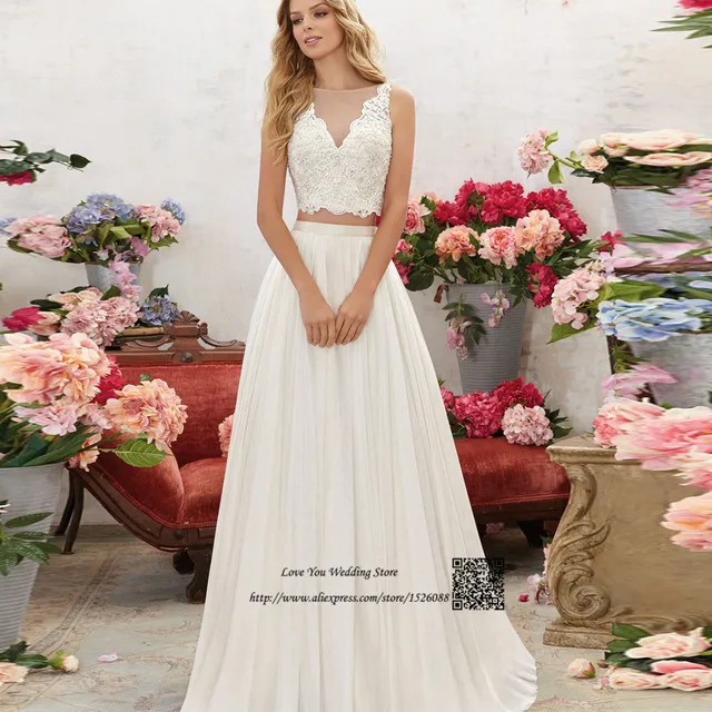 bohemio de dos piezas vestido de novia de encaje una línea de 2
