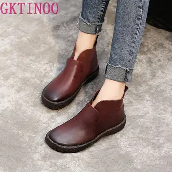 

GKTINOO 2019 Fashion Handmade Boots For Women Genuine Leather Ankle Shoes Vintage Women Shoes Round Toes Boots