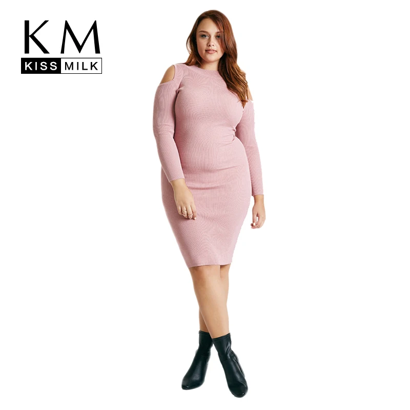 

Kissmilk Plus Size Casual Solid Women Clothing Cut Out Long Sleeve Dress Crewneck Big Size Slim Soft Dress 3XL-6XL